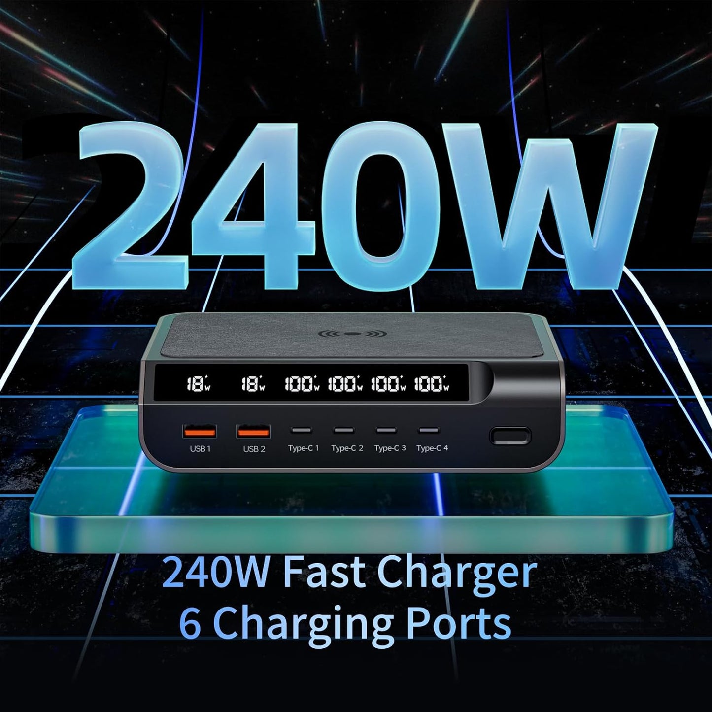 Boerx : 240W 6 Ports GaN Desktop Charger with Digital Display Screen